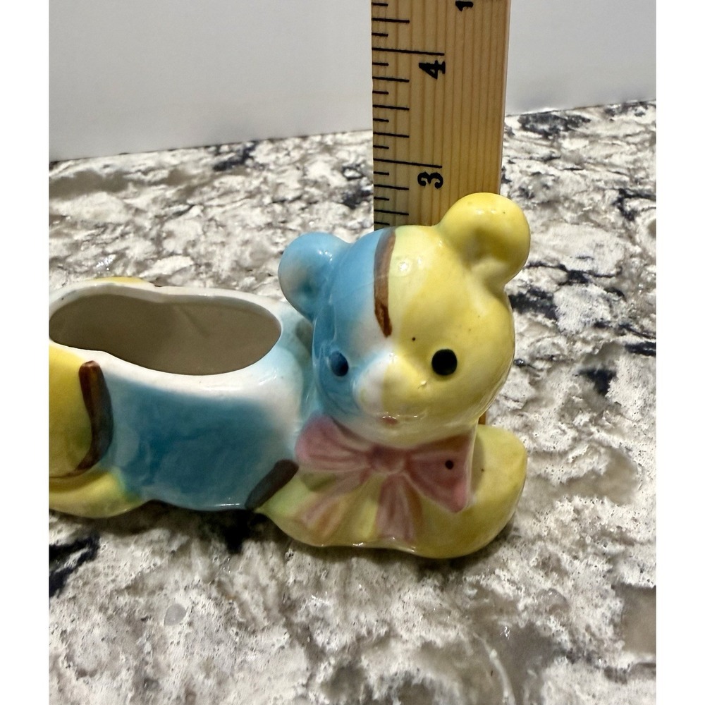 Vintage Patchwork Teddy Bear Planter Colorful 5x3" MCM